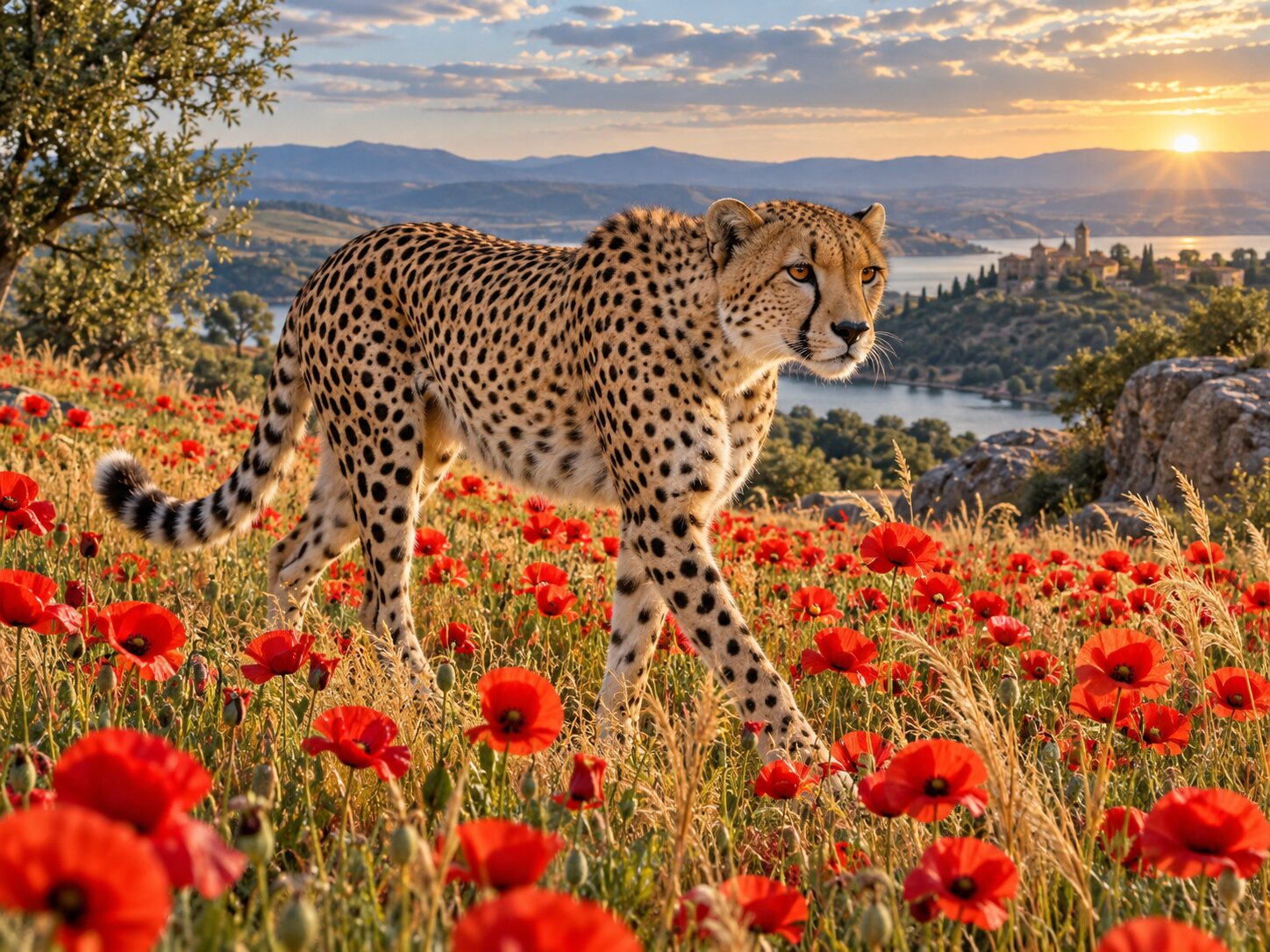 Cheetah Red Poppies colourful online jigsaw puzzle
