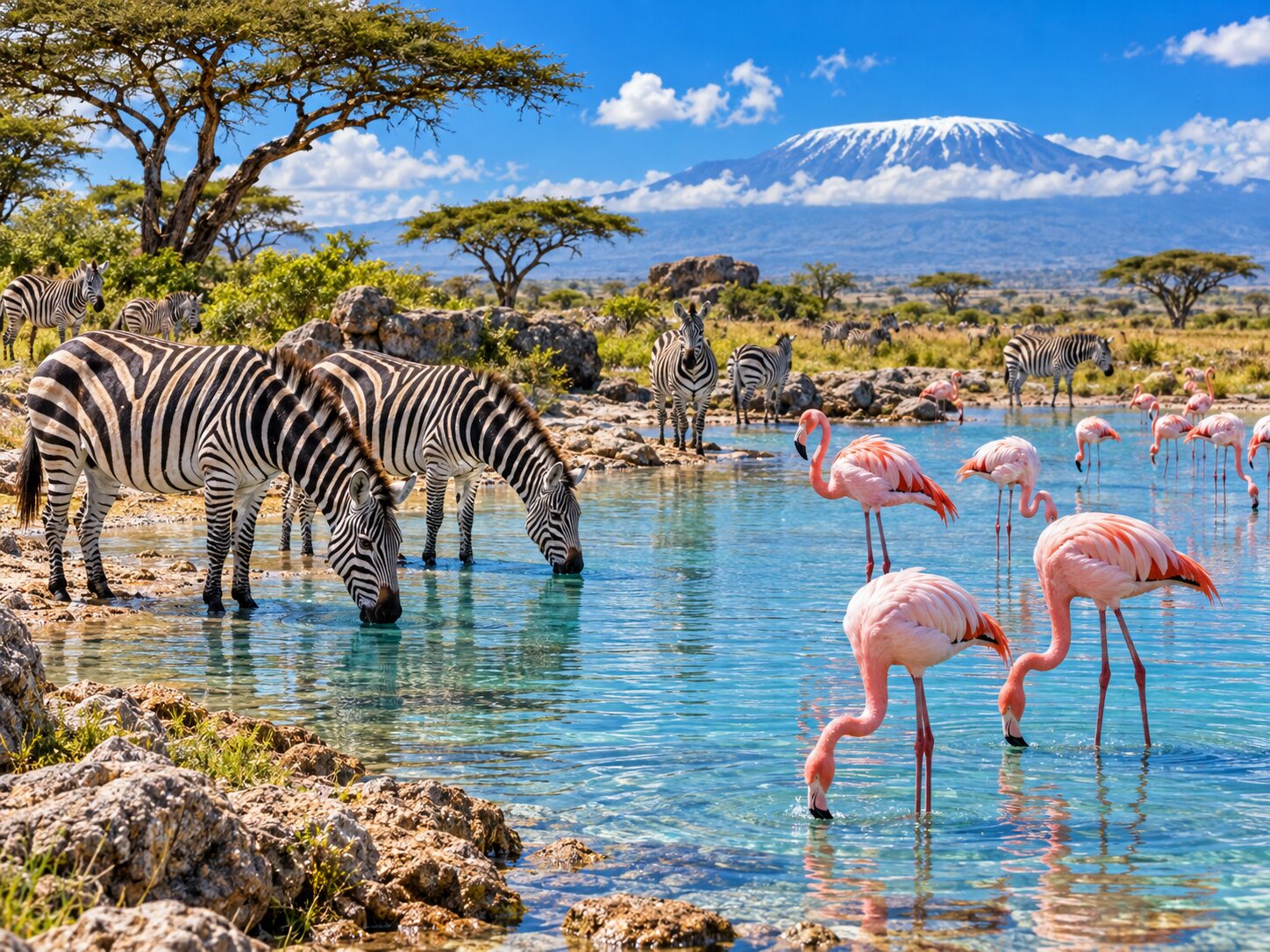 Zebra Flamingo Waterhole colourful online jigsaw puzzle