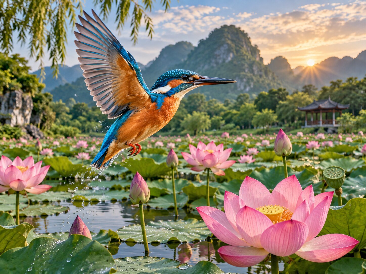 Kingfisher Lotus Pond colourful online jigsaw puzzle