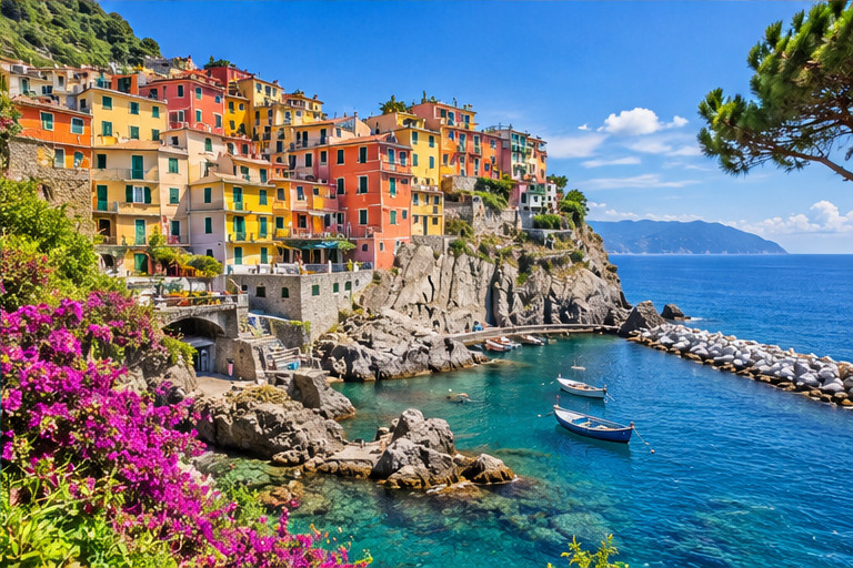 A colourful village above a bright blue coastline