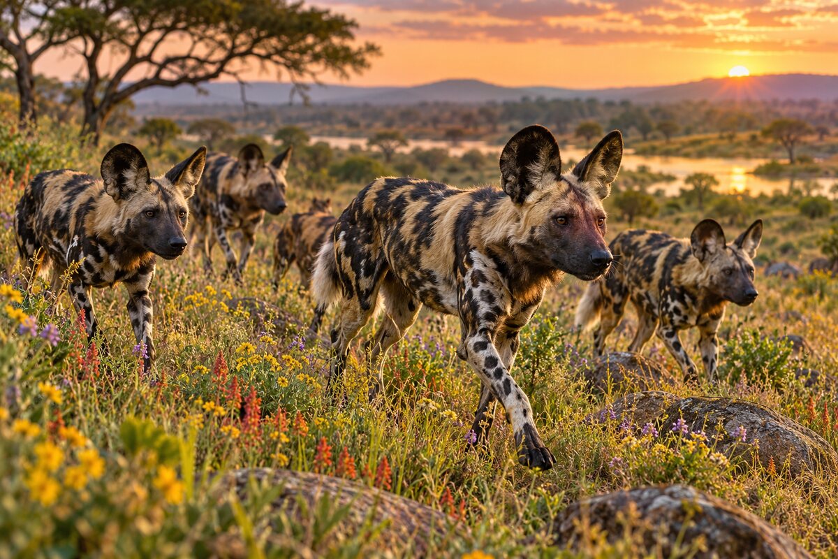 African wild dogs moving through savanna grass