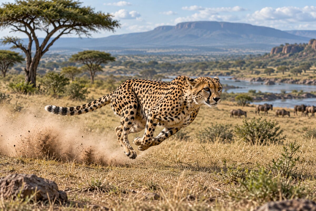 A cheetah sprinting across the savanna
