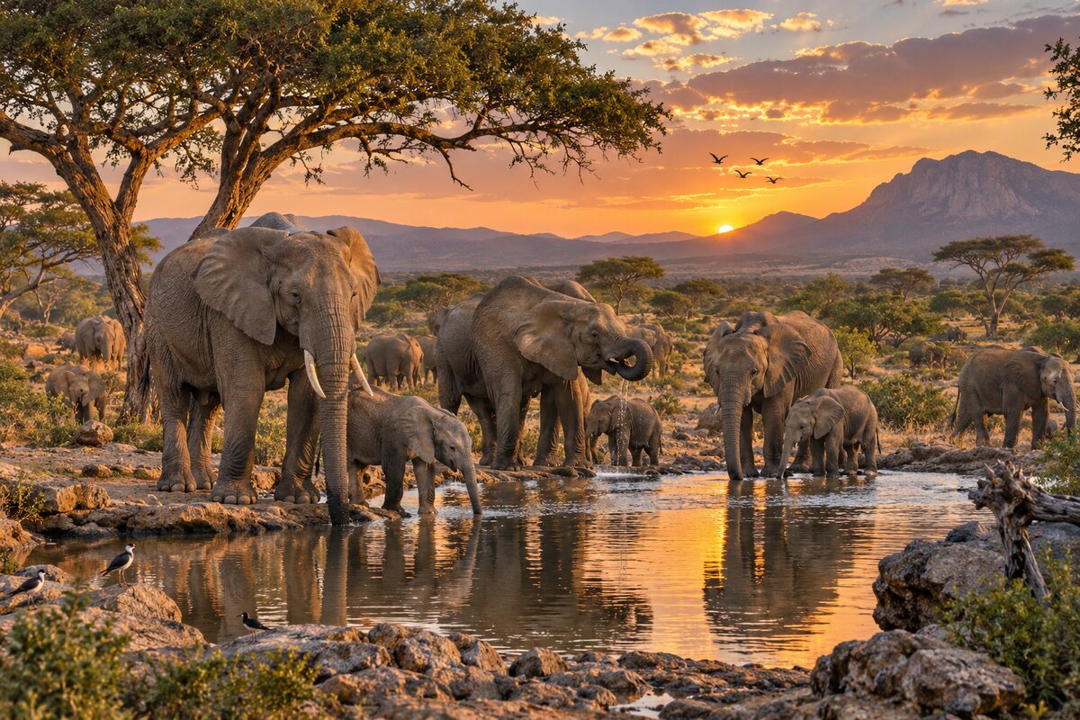 African elephants gathering beside a waterhole