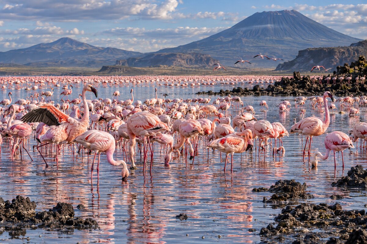 Pink flamingos gathered on a reflective African lake