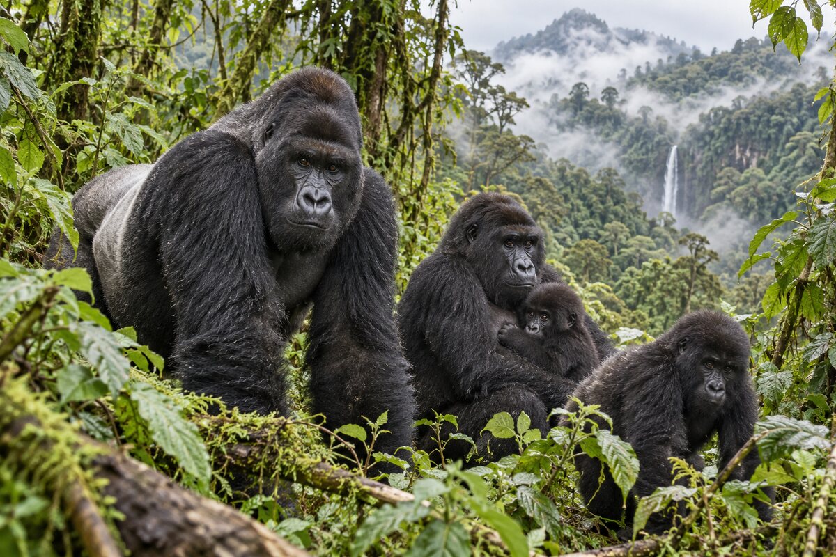 A mountain gorilla family in a misty rainforest