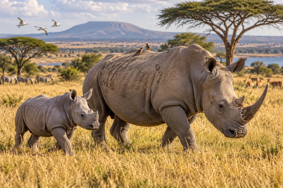 A rhinoceros and calf walking through grassland